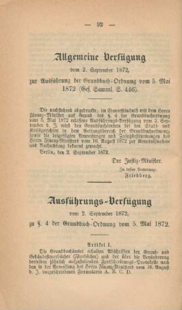 Allgemeine Verfügung vom 2. September 1872, zur Ausführung der Grundbuch-Ordnung vom 5. Mai 1872