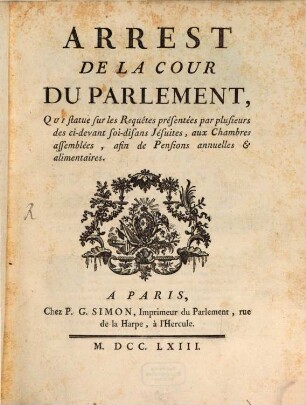 Arrest de la cour du Parlement ... concernant les pensions annuelles des Jesuites