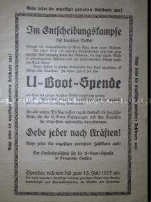 Spendenaufruf für die "U-Boot-Spende" (mit Porträt von Großadmiral Tirpitz)