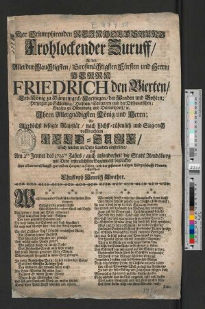 [Der Triumphirenden Reinholdsburg Frohlockender Zuruff ...]