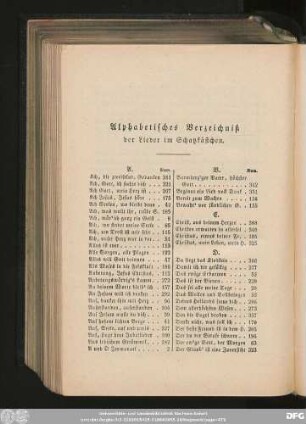 Alphabethisches Verzeichniß der Lieder im Schatzkästchen.