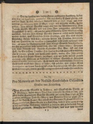 No. XI. Pro Memoria an den Rußisch-Kayserlichen Gesandten Grafen von Keyserling