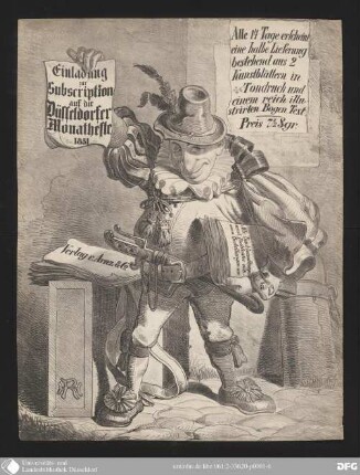 Einladung zur Subscription auf die Düsseldorfer Monathefte : Alle 14 Tage erscheint eine halbe Lieferung bestehend aus 2 Kunstblättern in Tondruck und einem reich illustrirten Bogen Text ; Preis 7 1/2 Sgr. ; alle Buchhandlungen und Postämter nehmen Bestellungen an.