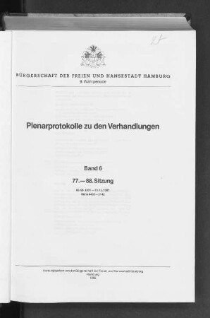 Wahlper. 9.1978/82, Bd. 6: Plenarprotokoll // Bürgerschaft der Freien und Hansestadt Hamburg