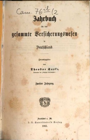 Jahrbuch für das gesammte Versicherungswesen in Deutschland. 2. 1865