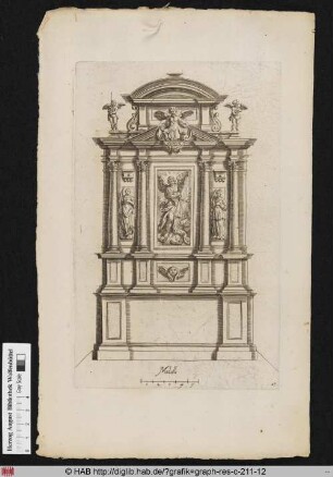 Entwurf für einen Altar nach der Architektur mit der Darstellung des Erzengels Michael, flankiert von zwei Märtyrerinnen, darüber verschiedene Putti.