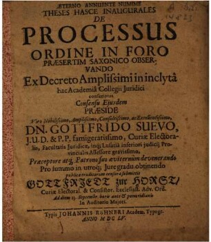 Theses Hasce Inaugurales De Processus Ordine In Foro Praesertim Saxonico Observando ... Praeside ... Dn. Gottfrido Suevo ... submittit Gottfreidt zur Horst ...
