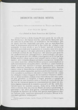 Documentos históricos inéditos : 1541 - real cédula concediendo el título de ciudad a la villa de Quito