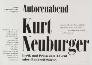 Plakat zur Autorenlesung "Lyrik und Prosa zum Advent oder Rauhreif Soiree" des Künstlers Kurt Neuburger, 1966