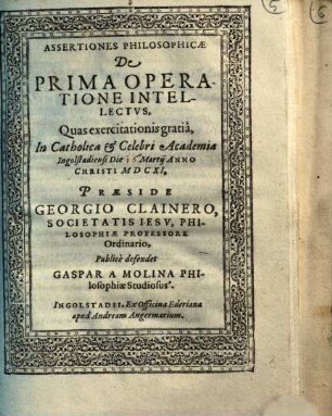 Assertiones Philosophicae De Prima Operatione Intellectvs