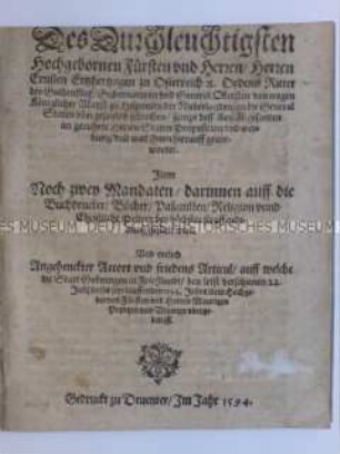 Erzherzog Ernst von Österreich als Statthalter an die Generalstaaten der Niederlande