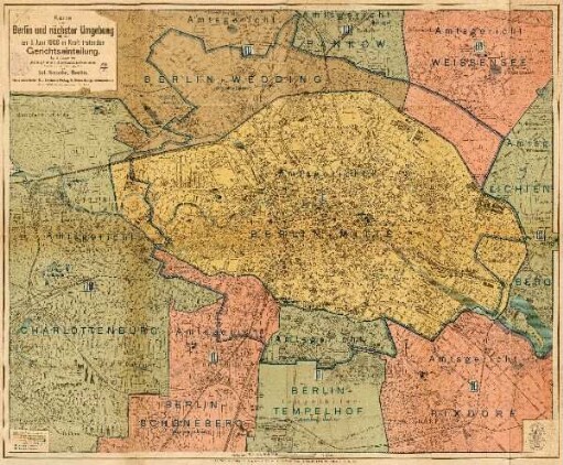 Karte von Berlin und nächster Umgebung mit der am 1. Juni 1906 in Kraft tretenden Gerichtseinteilung