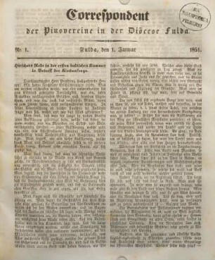 Nr. 1. Fulda, den 1. Januar 1851.