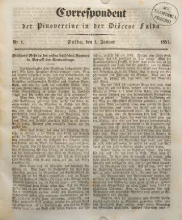 Nr. 1. Fulda, den 1. Januar 1851.