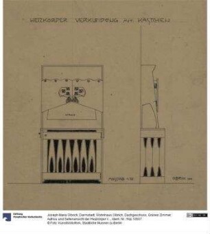 Darmstadt, Wohnhaus Olbrich, Dachgeschoss, Grünes Zimmer, Aufriss und Seitenansicht der Heizkörper Verkleidung mit Schrankaufsatz