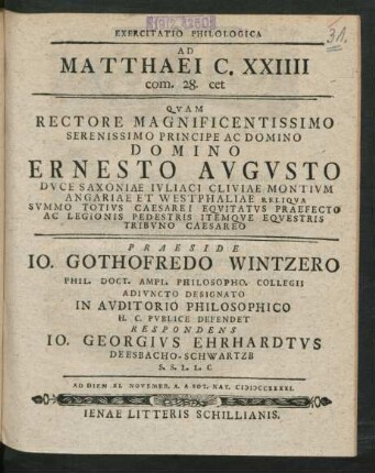 Exercitatio Philologica Ad Matthaei C. XXIIII com. 28. cet