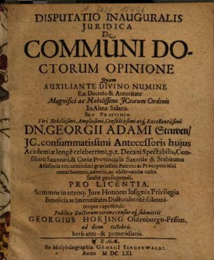Disputatio Inauguralis Iuridica De Communi Doctorum Opinione