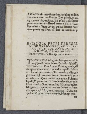 Epistola petri peregrini de maricovrt, ad sygervm de foncavcovrt militem, de magnete