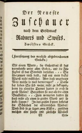 Der neueste Zuschauer nach dem Geschmack Rabners und Swifts. Zwölftes Stück.