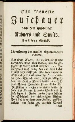 Der neueste Zuschauer nach dem Geschmack Rabners und Swifts. Zwölftes Stück.