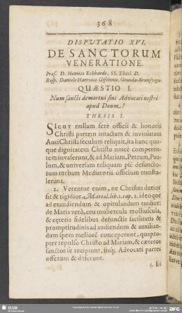 Disputatio XVI. De Sanctorum Veneratione