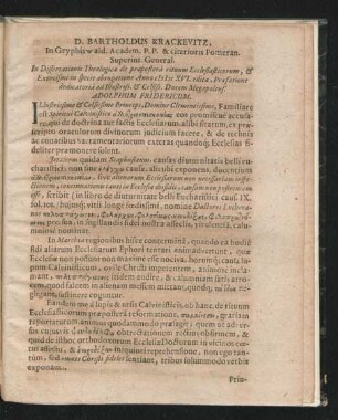 D. Bartholdus Krackevitz. ... In Dissertationis Theologiae de praepostera rituum Ecclesiasticorum, & Exorcismi in specie abrogatione ...