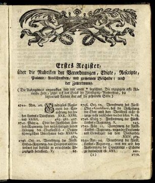 Erstes Register, über die Rubriken der Verordnungen, Edicte, Rescripte, Patente, Ausschreiben, und gemeinen Bescheide; nach der Zeitordnung.