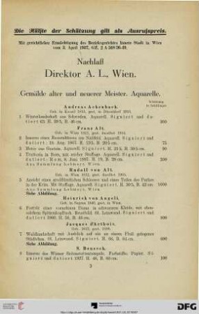 Gemälde alter und neuerer Meister – Aquarelle (Nr. 1-50)