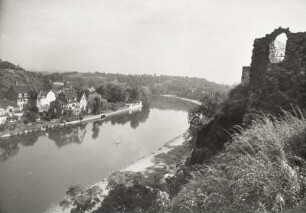 Halle (Saale). Blick von der Burg Giebichenstein über die Saale gegen Halle-Kröllwitz nach Nordnordosten