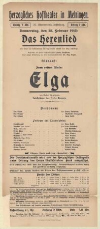 Theaterzettel zur Erstaufführung des Dramas "Elga. von Gerhart Hauptmann" in der Spielzeit 1914/15 des Herzoglichen Hoftheaters in Meiningen.