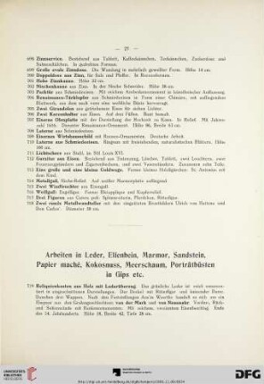 Arbeiten in Leder, Elfenbein, Marmor, Sandstein, Papier maché, Kokusnuss, Meerschaum, Porträtbüsten in Gips etc. (Nr. 719-788)