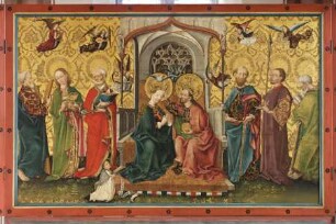 Aufenauer Flügelaltar — Marienkrönung durch Christus mit den zwölf Aposteln — Christut krönt Maria im Beisein von sechs Aposteln und musizierenden Engeln