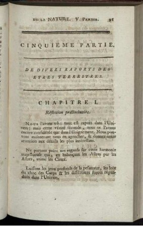 Cinquieme Partie. De Divers Raports Des Etres Terrestres.