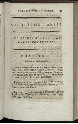 Cinquieme Partie. De Divers Raports Des Etres Terrestres.