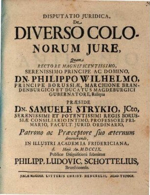 Disputatio Juridica, De Diverso Colonorum Jure