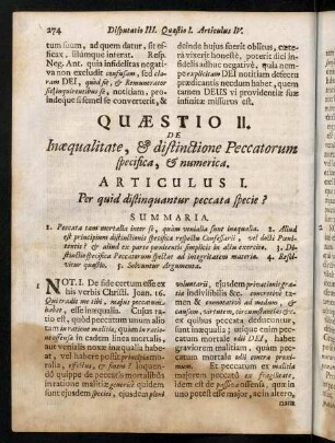 274-312, Quaestio II. De Inaequalitate, & distinctione Peccatorum specifica, & numerica.