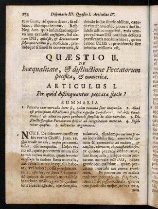 274-312, Quaestio II. De Inaequalitate, & distinctione Peccatorum specifica, & numerica.