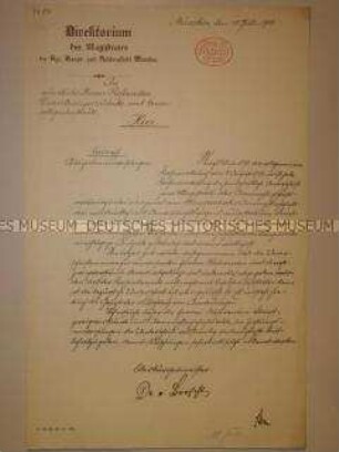 Kopie eines handschriftlichen Rundschreibens des Magistrats von München