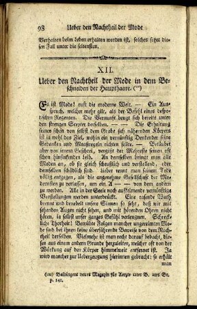 XII. Ueber den Nachtheil der Mode in dem Beschneiden der Haupthaare.
