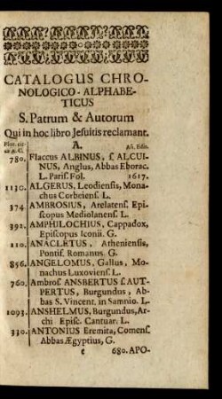 Catalogus Chronologico-Alphabeticus S. Patrum & Autorum