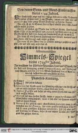 Von denen Sonn- und Mond-Finsternissen dieses 1744 Jahres
