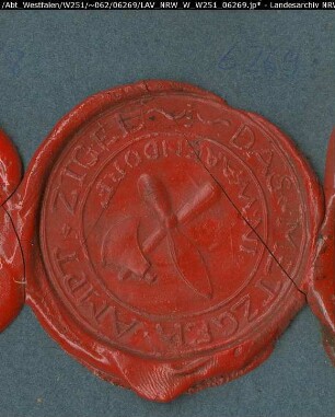 Siegler: Warendorf, Metzger-Zunft Überlieferungsart: Abdruck. Stoff: Lack Farbe: rot Form: rund. Durchmesser: 45 mm