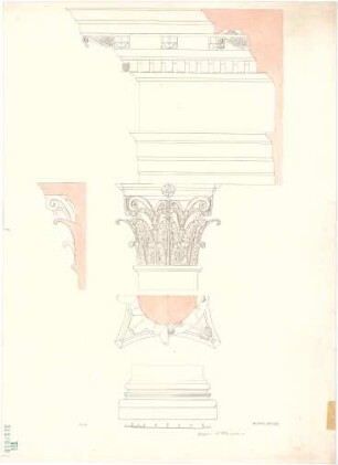 Fischer, Theodor; Studienarbeiten - Gesims (Detail m. Schnitt); Kapitell (Ansicht, Teilansichten, Schnitt) Säulenbasis (Ansicht)