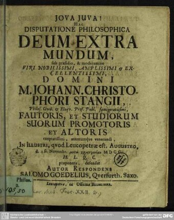 Hac disputatione philosoph. Deum extra Deum