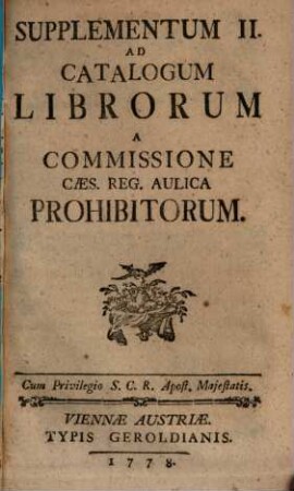 Catalogus Librorum A Commissione Caes. Reg. Aulica Prohibitorum, [3]. Supplementum II. Ad Catalogum Librorum A Commissione Caes. Reg. Aulica Prohibitorum