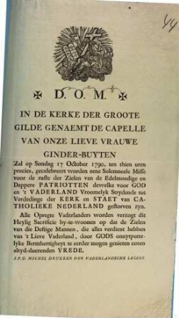 D. O. M. In De Kerke Der Groote Gide Genaemt De Capelle Van Onze Lieve Vrauwe Ginder-Buyten