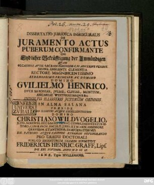 Dissertatio Juridica Inauguralis De Juramento Actus Puberum Confirmante