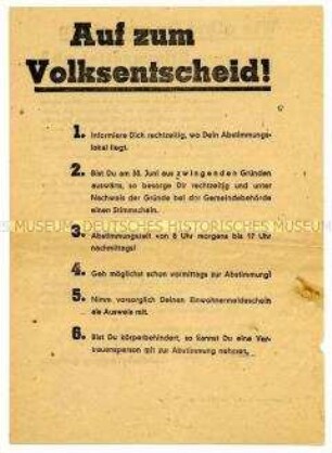 Aufruf und Anleitung der Landesverwaltung Sachsen zum Volksentscheid über die Enteignung der Betriebe von Nazi- und Kriegsverbrechern