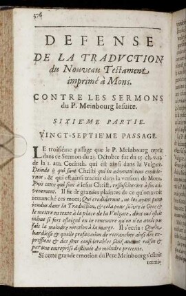 Dèffense De La Traduction du Nouveau Testament, imprimé à Mons. Sixie´me Partie