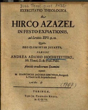 Exercitatio Theologica de Hirco Azazel In Festo Expiationis, ad Levitic. XVI. 9, 10.